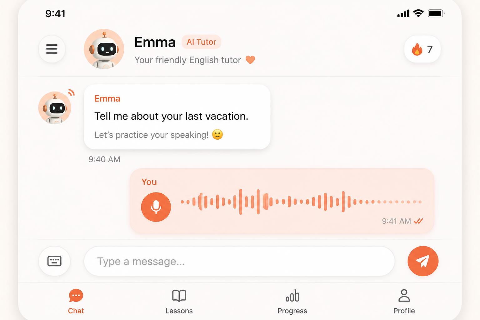English conversation practice with the Lingua AI tutor on a mobile device
