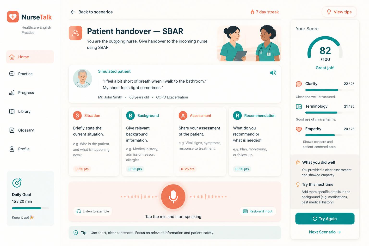 Healthcare English speaking practice with SBAR handover role-play and OET-style scoring