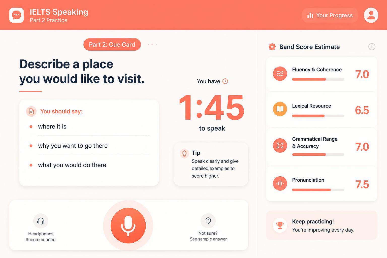 IELTS Speaking practice powered by AI with band-aligned scoring on Parts 1 to 3