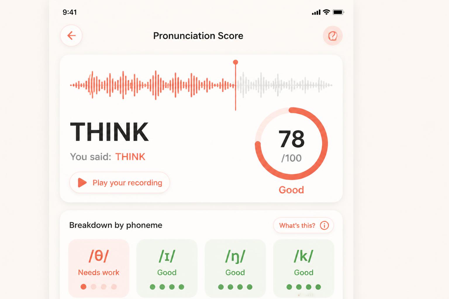 AI English pronunciation scoring dashboard showing phoneme-level feedback